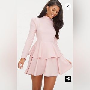 PrettyLittleThing Dusty Pink High Neck Tiered Skater Dress